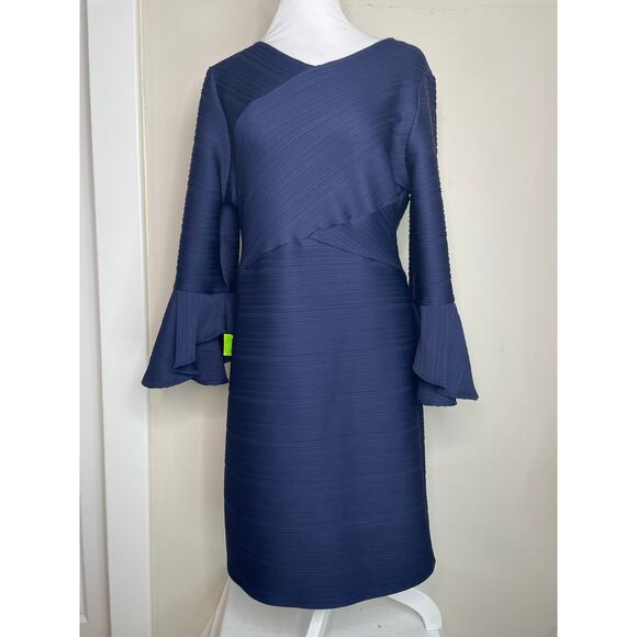 SHOSHANNA Navy Blue Donielle Textured Bell Sleeve Bodycon Dress Size 12 - Picture 1 of 9
